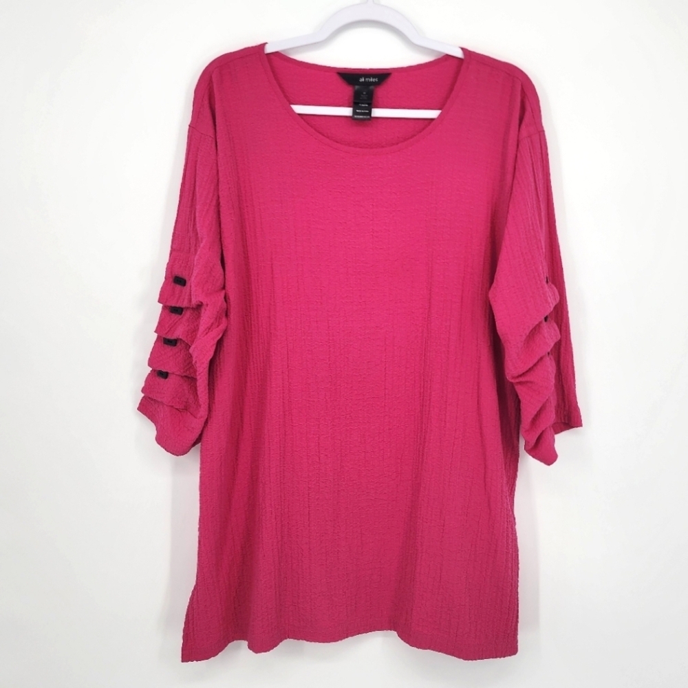 Ali Miles Tunic Shirt Split Hem Ruched Sleeves Buttons Medium